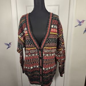 Allison Smith Vintage Fair Isle Colorful Chunky Grandpa Cardigan Sweater Size L